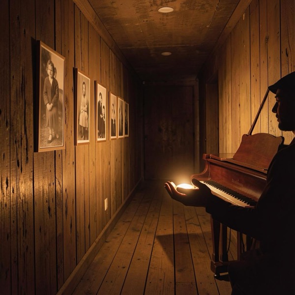 A warm wood hallway lined with old family photos, a figure cradling a small light — cover art for Those Hands